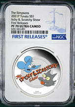 Load image into Gallery viewer, 2021 The Simpsons Itchy &amp; Scratchy Show Proof $1 1oz Silver COIN NGC PF 70 FR
