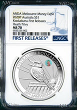 Load image into Gallery viewer, 2020 Kookaburra 1oz Silver Coin Pink Common Heath Privy NGC MS70 ANDA FR BlueLB
