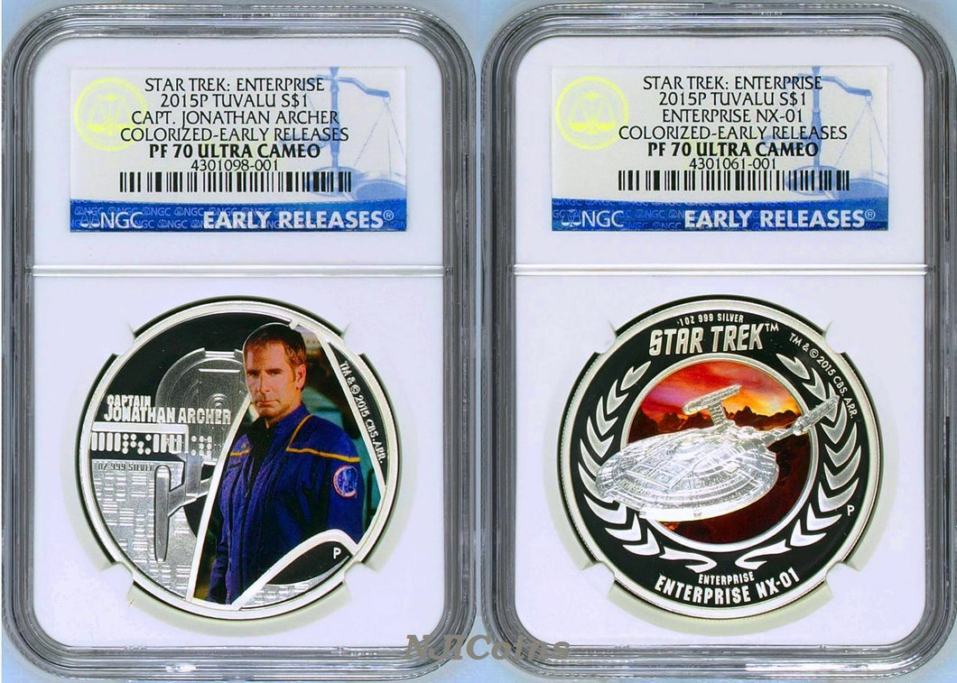 2-COIN Set 2015 Star Trek ENTERPRISE JONATHAN ARCHER & NX-01 Silver $1 NGC PF70