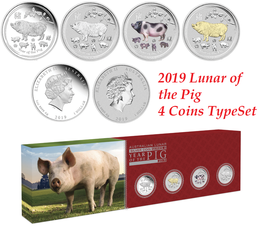 Australia 2019 Year of PIG Lunar Zodiac 1oz 4-Coin Type Set $1 Silver Typeset