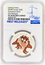 Load image into Gallery viewer, 2018 TUVALU Looney Tunes TASMANIAN DEVIL Silver Proof NGC PF70 Half Dollar Coin
