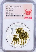 Load image into Gallery viewer, 2021 Australia GILDED Silver Lunar Year of the OX NGC MS 70 1oz Coin FR GILT
