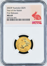 Load image into Gallery viewer, 2023 Australia Bullion 1/4oz GOLD Lunar Year of the Rabbit NGC MS69 $25 Coin FR
