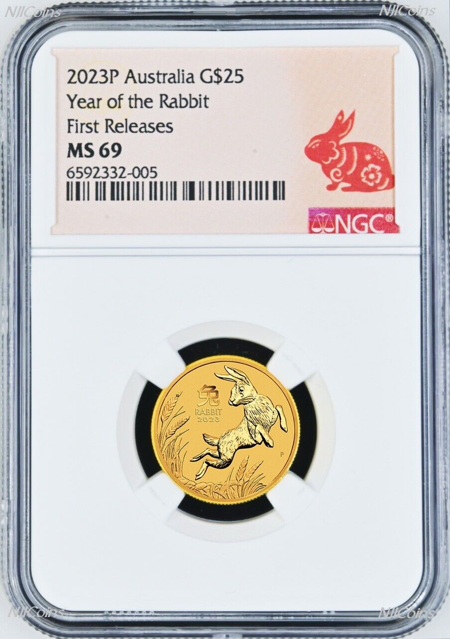 2023 Australia Bullion 1/4oz GOLD Lunar Year of the Rabbit NGC MS69 $25 Coin FR