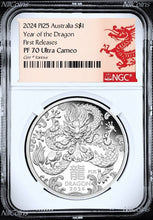 Load image into Gallery viewer, 2024 Australia PROOF Silver Lunar Year of the DRAGON NGC PF70 1oz $1 Coin FR
