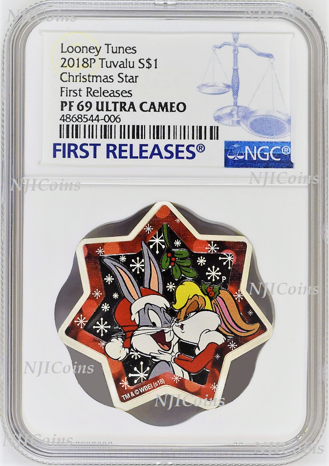 2018 Looney Tunes Christmas Tree Star Shaped 1oz Silver Proof $1 coin NGC PF69