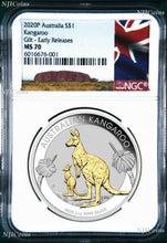 Load image into Gallery viewer, 2020 P Australia GILDED Silver Kangaroo NGC MS 70 1oz Coin w/OGP gilt ER-A LABEL
