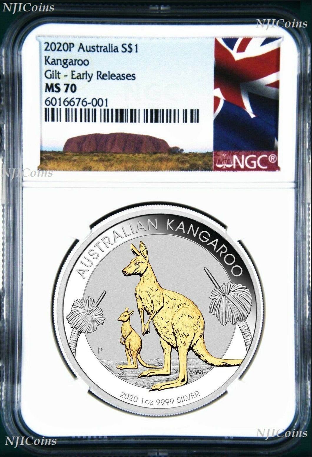 2020 P Australia GILDED Silver Kangaroo NGC MS 70 1oz Coin w/OGP gilt ER-A LABEL