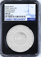 Load image into Gallery viewer, 2023 Royal Casino CASINO CHIP SILVER $1 1oz COIN NGC MS70 James Bond 007 BLACK
