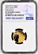 Load image into Gallery viewer, 2023 James Bond Proof $50 1/4oz Gold COIN NGC PF70 LEGACY II Roger Moore FR
