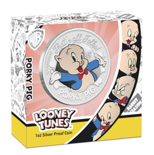 Load image into Gallery viewer, 2019 Tuvalu LOONEY TUNES – PORKY PIG 1oz .9999 SILVER Dollar PROOF $1 COIN
