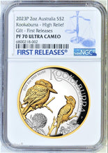 Load image into Gallery viewer, 2023 Australia GILT PROOF HIGH RELIEF 2oz Silver Kookaburra $2 Coin NGC PF69 FR
