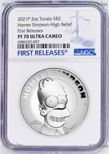 Load image into Gallery viewer, 2021 HIGH RELIEF Simpsons Homer Simpson Proof $2 2oz Silver COIN NGC PF70 FR
