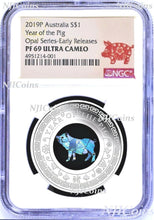 Load image into Gallery viewer, 2019 Australia OPAL LUNAR Year of the PIG 1oz Silver Proof Coin NGC PF69 UC ER
