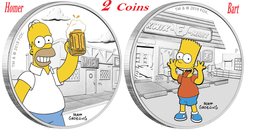 2-Coin Set 2019 The Simpsons - Homer & Bart Simpson 1oz $1 Silver 99.99% Proof