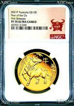 Load image into Gallery viewer, 2021 P Australia PROOF GOLD $100 Lunar Year of the OX NGC PF70 1 oz Coin FR
