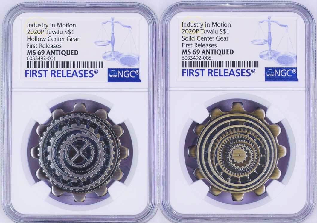 2020 Industry In Motion ANTIQUED Gear-Shaped 1oz Silver 2-COIN-SET NGC MS69 FR