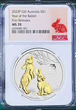 Load image into Gallery viewer, 2023 Australia GILDED Silver Lunar Year of the RABBIT NGC MS 70 1oz Coin FR GILT

