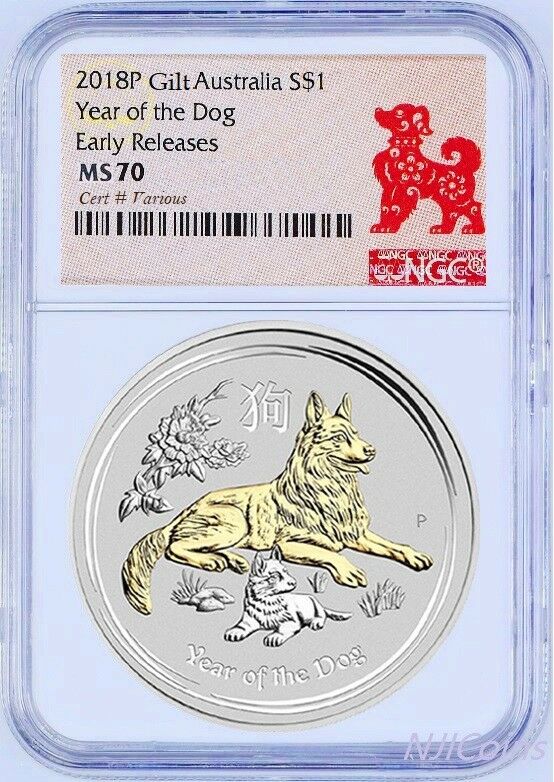 2018 P Australia GILDED Silver Lunar Year of DOG NGC MS 70 1 oz Coin w/OGP Gilt