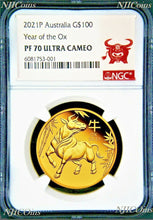 Load image into Gallery viewer, 2021 P Australia PROOF GOLD $100 Lunar Year of the OX NGC PF70 1oz Coin
