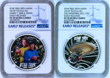 Load image into Gallery viewer, 2-COIN Set 2016 Star Trek Captain James Spock USS Enterprise Silver $1 NGC PF70
