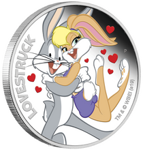 Load image into Gallery viewer, 2019 LOONEY TUNES Lovestruck Silver Proof $1 Coin BUGS and LOLA Valentine’s Day
