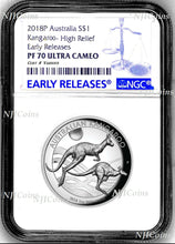 Load image into Gallery viewer, 2018 P Australia HIGH RELIEF 1oz Silver Kangaroo $1 Coin NGC PF70 UC ER + OGP
