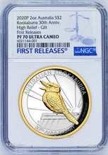 Load image into Gallery viewer, 2020 Australia GILT HIGH RELIEF 2oz Silver Kookaburra 30 Ann $2 Coin NGC PF70 FR
