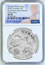 Load image into Gallery viewer, 2023 Kookaburra 1oz Silver Coin Brolga Privy Brisbane M. Expo MS70 ANDA ER
