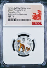 Load image into Gallery viewer, RARE 2022 Silver Sydney ADNA Expo Lunar Year of the TIGER 1/4oz S25c NGC MS70 FR
