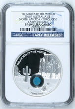 Load image into Gallery viewer, 2015 Treasures of the World North America Turquoise 1 oz $1 Silver Coin NGC PF69
