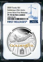 Load image into Gallery viewer, 2020 James Bond 007 Goldeneye .9999 SILVER PROOF $1 1oz COIN NGC PF70 FR
