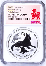 Load image into Gallery viewer, RARE NGC Grade PF 70 on Bullion 2018 Silver Lunar Year of the DOG 1 oz Coin ER
