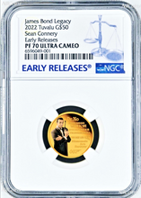 Load image into Gallery viewer, 2022 James Bond Proof $50 1/4oz Gold COIN NGC PF70 LEGACY SERIES 1 Sean Connery
