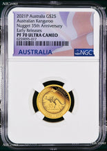 Load image into Gallery viewer, 2021 Australian 35th Ann. Kangaroo Nugget $25 NGC PF70 .9999 1/4oz GOLD Coin ER
