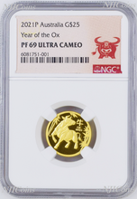 Load image into Gallery viewer, 2021 P Australia PROOF GOLD $25 Lunar Year of the Ox NGC PF69 1/4 oz Coin
