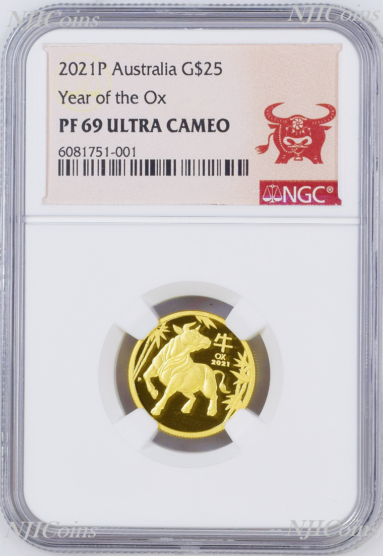 2021 P Australia PROOF GOLD $25 Lunar Year of the Ox NGC PF69 1/4 oz Coin