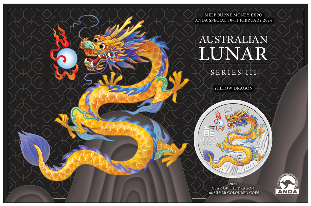 2024 Australia Yellow Lunar Year of the Dragon 1oz Silver $1 Coin ANDA MELBOURNE