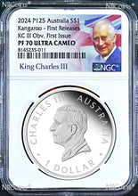 Load image into Gallery viewer, 2024 KING CHARLES III EFFIGY OBVERSE 1st ISSUE KANGAROO 1oz SILVER PF NGC PF70

