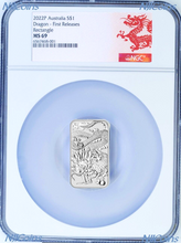 Load image into Gallery viewer, 2022 Dragon 1oz .9999 Silver Rectangular $1 Dollar Bar COIN NGC MS 69 FR D Label
