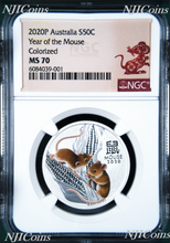 Load image into Gallery viewer, 2020 Australia Colored Silver Lunar Year of the MOUSE NGC MS 70 1/2oz 50c Coin
