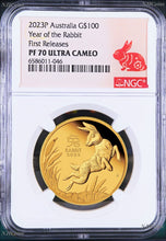 Load image into Gallery viewer, 2023 P Australia PROOF GOLD $100 Lunar Year of the Rabbit NGC PF70 1 oz Coin FR
