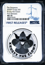 Load image into Gallery viewer, 2020 Simpsons Krusty the Clown $1 1oz .9999 Silver COIN NGC MS70 FR Simpson
