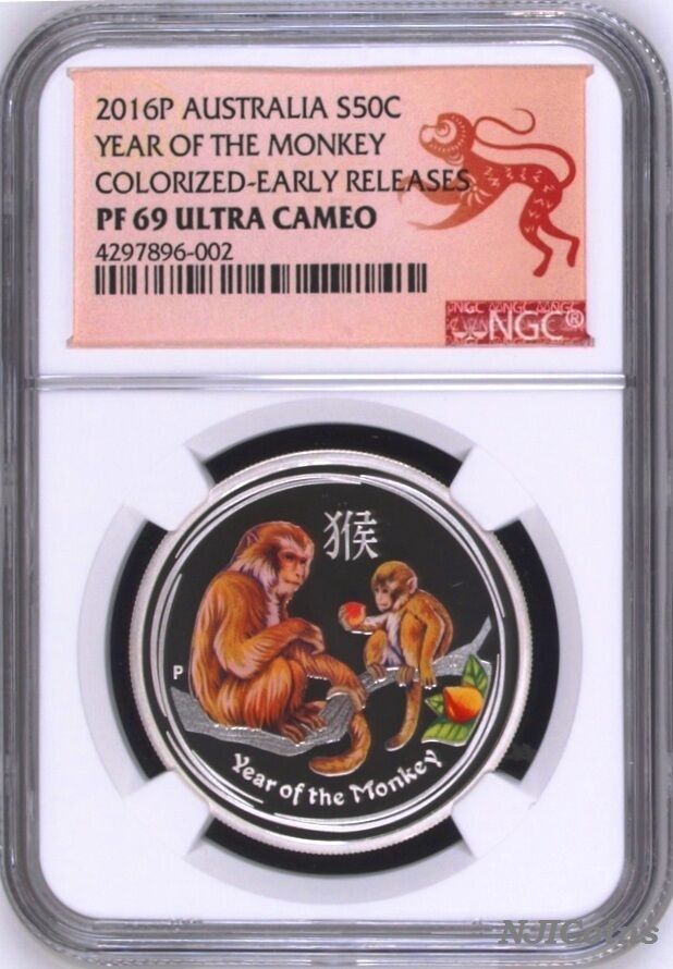 2016 P Australia PROOF COLORIZED Silver Lunar Year of Monkey NGC PF69 1/2oz Coin