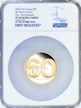 Load image into Gallery viewer, 2022 60 Years of James Bond 007 SILVER PROOF $2 2oz Gilt Gilded COIN NGC PF70 FR
