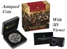 Load image into Gallery viewer, WARFARE – ROMAN LEGION 2018 2oz Silver Antique HIGH RELIEF RIMLESS Coin 3D VIEW
