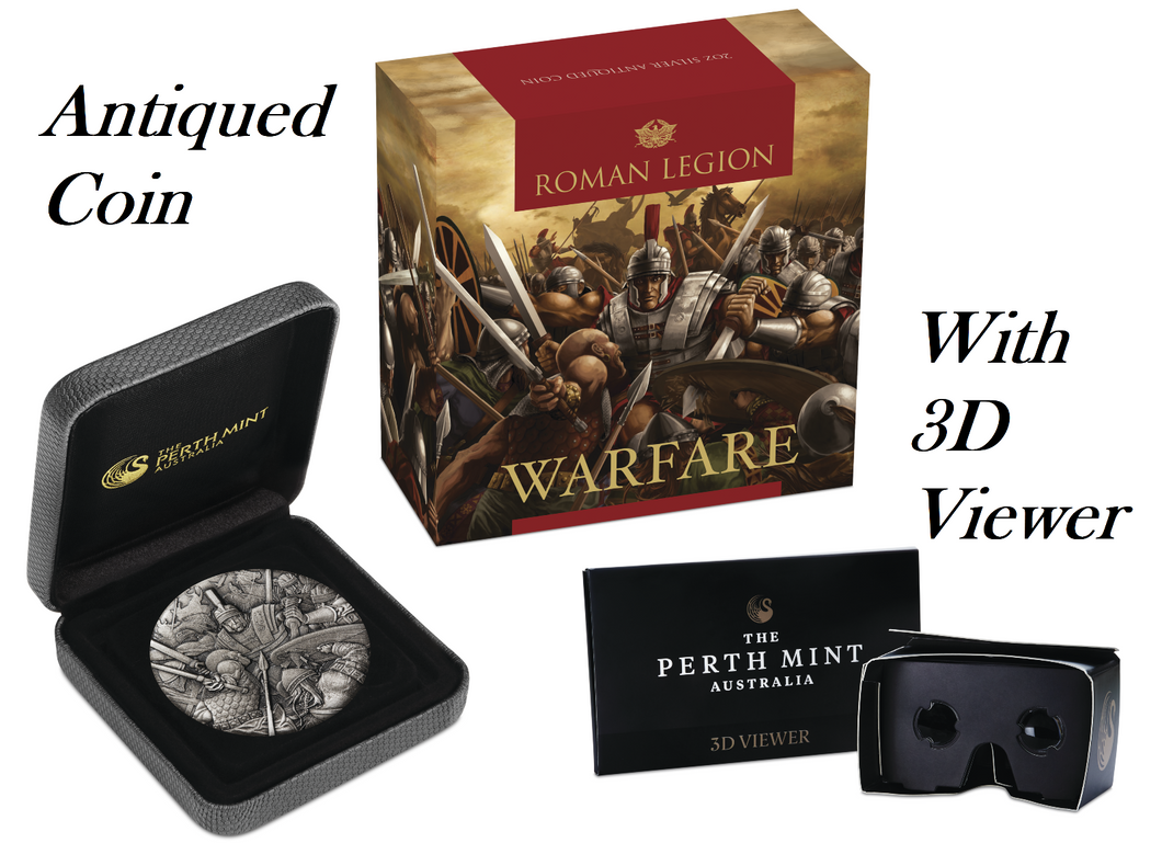 WARFARE – ROMAN LEGION 2018 2oz Silver Antique HIGH RELIEF RIMLESS Coin 3D VIEW