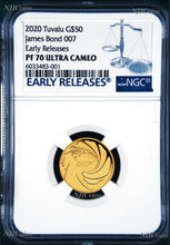 Load image into Gallery viewer, 2020 James Bond 007 Proof $50 1/4oz .9999 Gold COIN NGC PF 70 ER PF70
