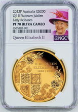 Load image into Gallery viewer, 2022 QUEEN ELIZABETH PLATINUM JUBILEE 2oz .9999 GOLD $200 Proof coin NGC PF70 ER
