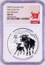 Load image into Gallery viewer, 2021 Australia .9999 Bullion Silver Lunar Year of the OX NGC MS70 1oz $1 Coin
